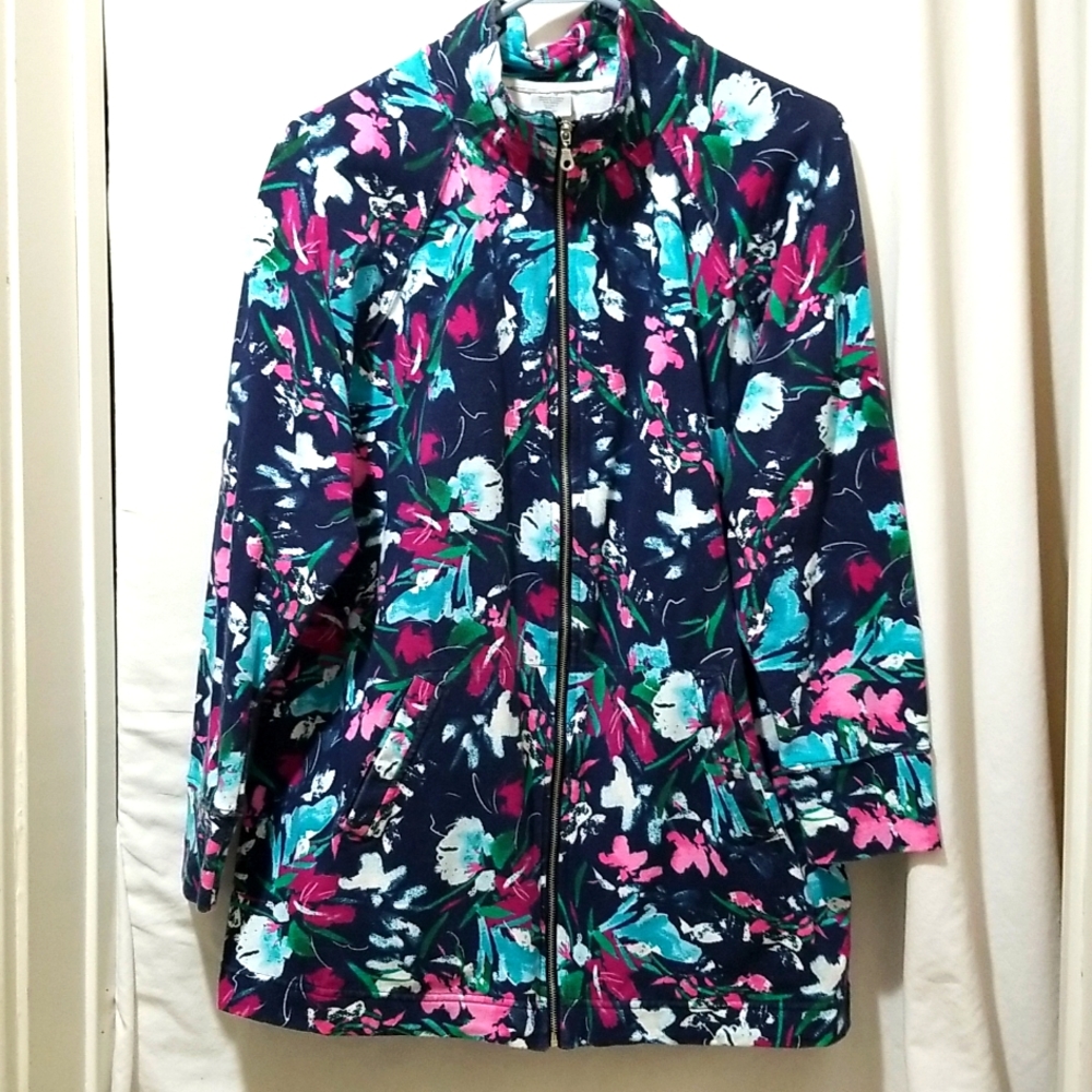 VINTAGE CARDIGAN SWEATSHIRT, FLORAL, FULL ZIPPER, SIZE L
